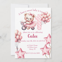 Pink Bear on BIcycle birthday 招待状