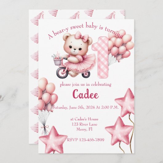 Pink Bear on BIcycle birthday 招待状 (正面/裏面)