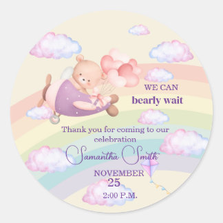 Pink Bear Pastel Airplane Balloon ラウンドシール