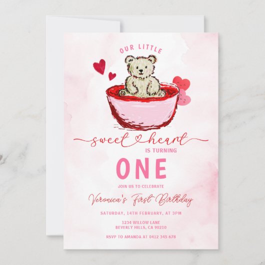 Pink Bear Sweetheart Valentine 1st Birthday 招待状 (正面)
