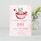 Pink Bear Sweetheart Valentine 1st Birthday 招待状 (スタンド正面)
