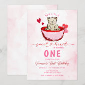 Pink Bear Sweetheart Valentine 1st Birthday 招待状 (正面/裏面)
