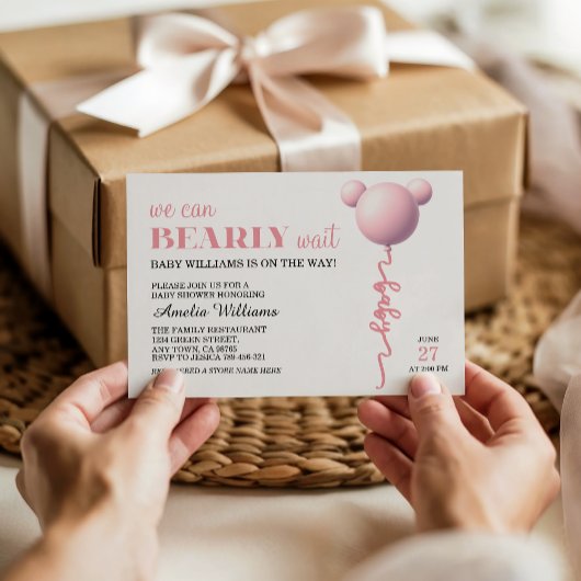 Pink Bearly Wait Baby Girl Balloon Shower Invite 招待状