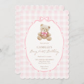 Pink Beary First Birthday Invitation 招待状 (正面/裏面)