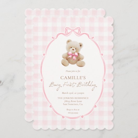 Pink Beary First Birthday Invitation 招待状 (正面/裏面)