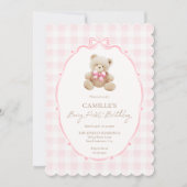 Pink Beary First Birthday Invitation 招待状 (正面)