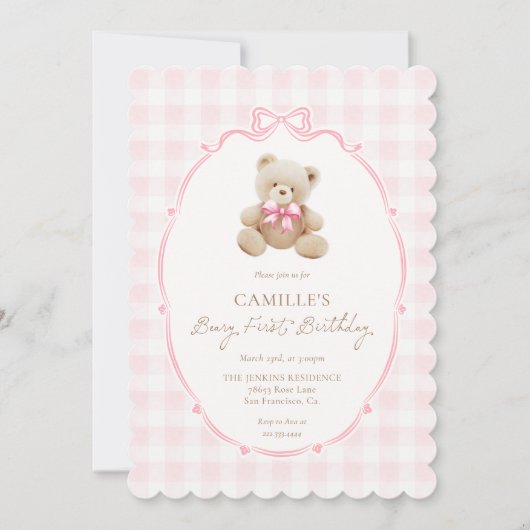 Pink Beary First Birthday Invitation 招待状 (正面)