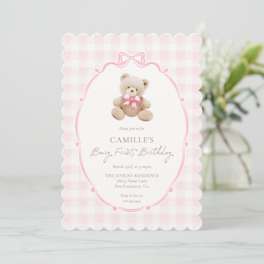 Pink Beary First Birthday Invitation 招待状 (スタンド正面)