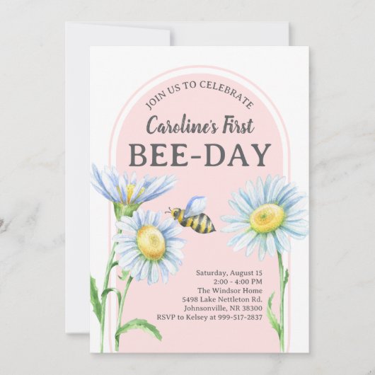Pink Bee-Day Birthday Invitation with Daisies 招待状 (正面)