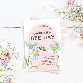 Pink Bee-Day Birthday Invitation with Daisies 招待状