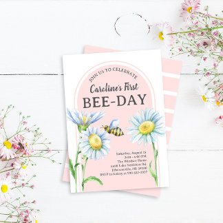 Pink Bee-Day Birthday Invitation with Daisies 招待状