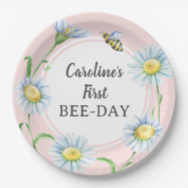 Pink Bee-Day Birthday Paper Plates with Daisies ペーパープレート