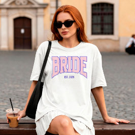 Pink + Beige Stripe Navy Varsity BRIDE Tシャツ