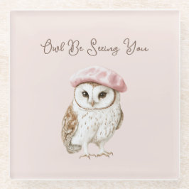 Pink Beret Brown White Owl Be Seeing You ガラスコースター