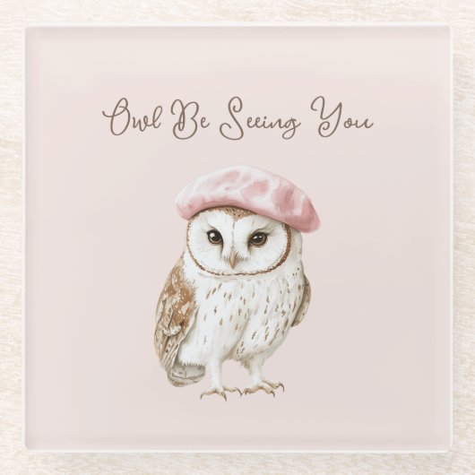 Pink Beret Brown White Owl Be Seeing You ガラスコースター (正面)