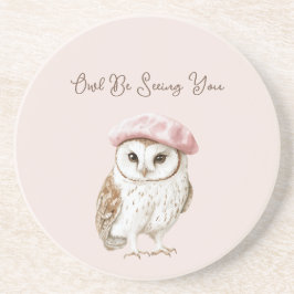 Pink Beret Brown White Owl Be Seeing You コースター