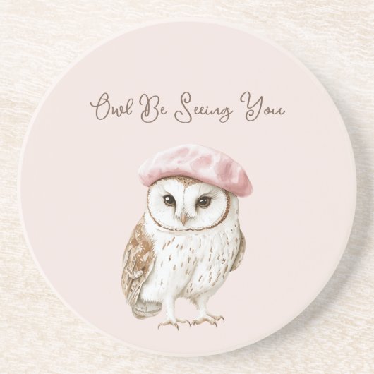 Pink Beret Brown White Owl Be Seeing You コースター (正面)