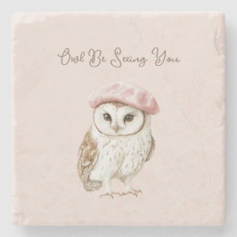 Pink Beret Brown White Owl Be Seeing You ストーンコースター