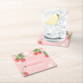 Pink Berry First Girls Strawberry 1st Birthday スクエアペーパーコースター (インサイチュ)