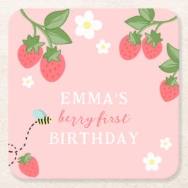 Pink Berry First Girls Strawberry 1st Birthday スクエアペーパーコースター