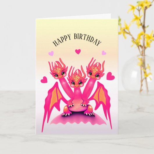 Pink Birthday Dragon カード (黄色い花)