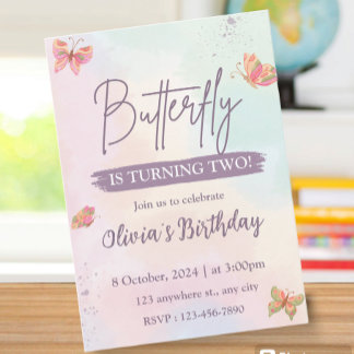 Pink Birthday Invitation Butterfly 招待状