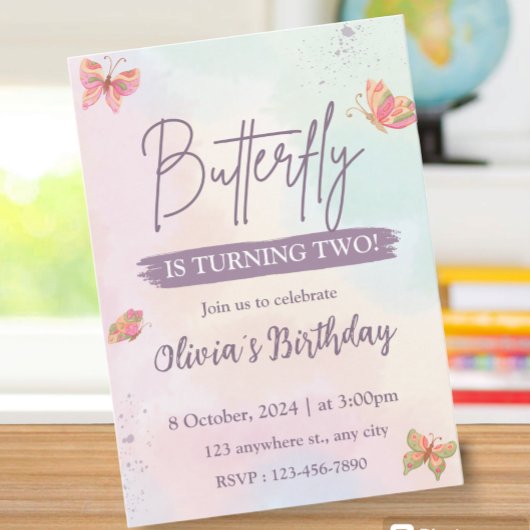 Pink Birthday Invitation Butterfly 招待状