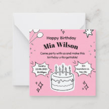 Pink Birthday Invitation with  Cake Illustration