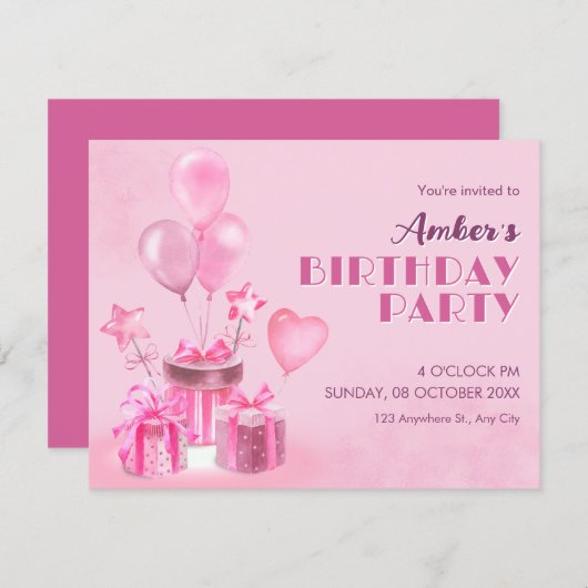 Pink Birthday Party 招待状 (正面/裏面)