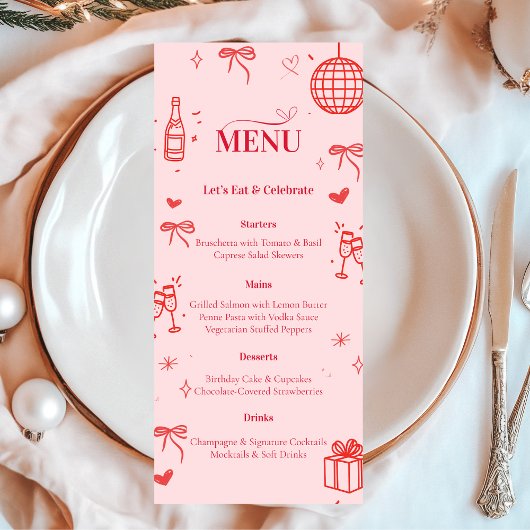 Pink Birthday Party Menu Card | Cheers to Thirty メニュー
