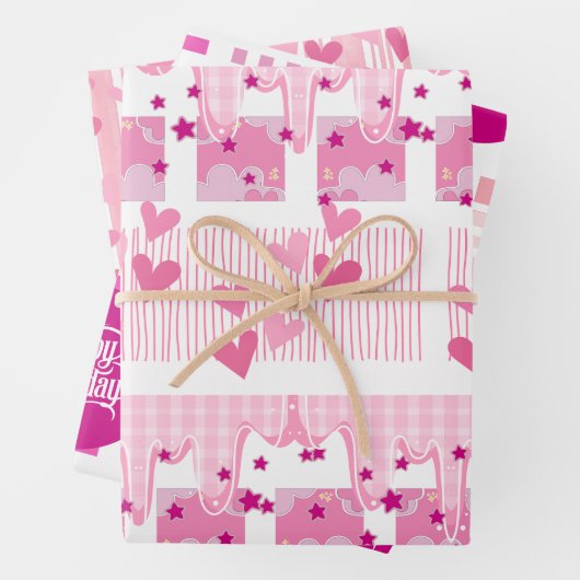 Pink Birthday Wrapping Paper Flat Sheet Set of 3 ラッピングペーパーシート (インサイチュ)