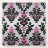 Pink, Black and Silver Damask Style ガラスコースター (正面)