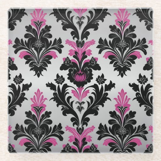 Pink, Black and Silver Damask Style ガラスコースター (正面)