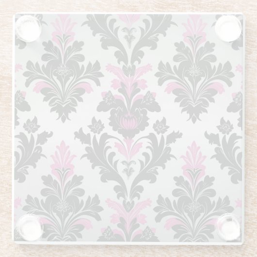 Pink, Black and Silver Damask Style ガラスコースター (裏面)