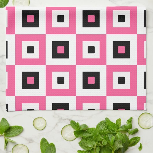 Pink Black and White Checkered Squares Pattern キッチンタオル (折り畳み)