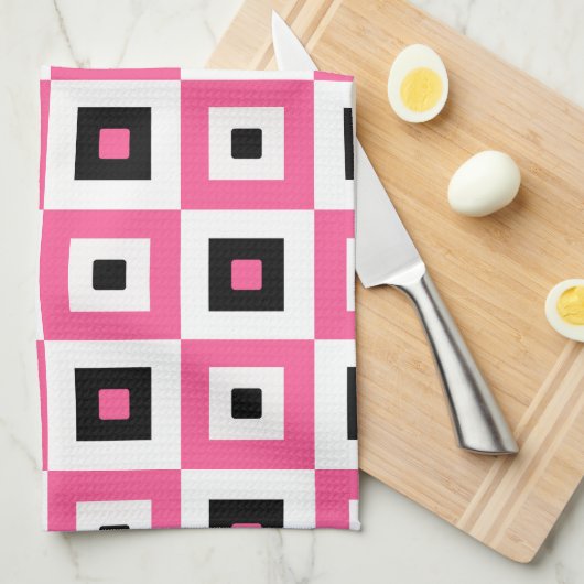 Pink Black and White Checkered Squares Pattern キッチンタオル (四つ折り)