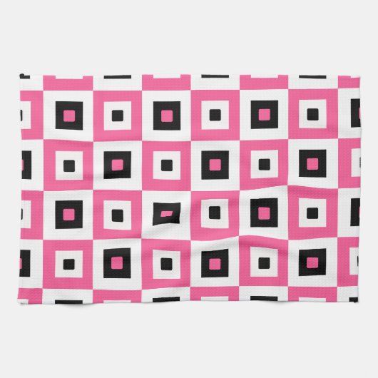 Pink Black and White Checkered Squares Pattern キッチンタオル (横)