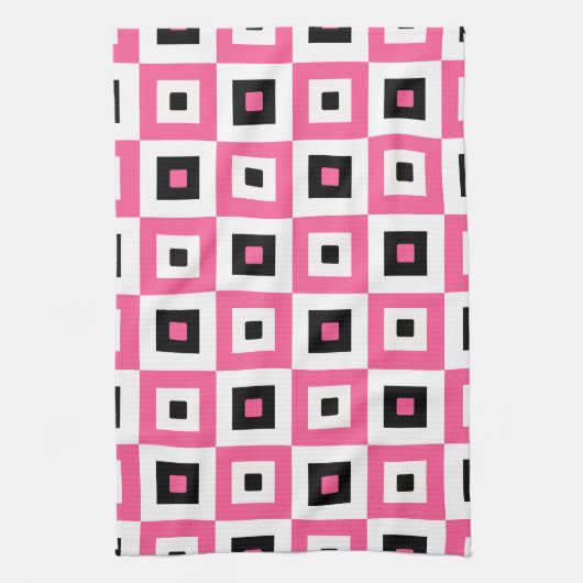 Pink Black and White Checkered Squares Pattern キッチンタオル (縦)