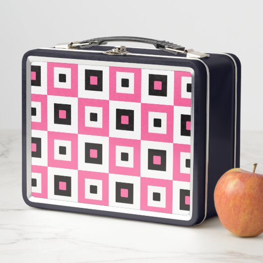 Pink Black and White Checkered Squares Pattern メタルランチボックス (インサイチュ)