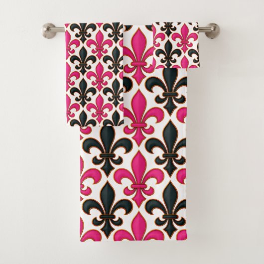 Pink Black Baroque Fleur-de-lis Pattern Design  バスタオルセット (インサイチュ)