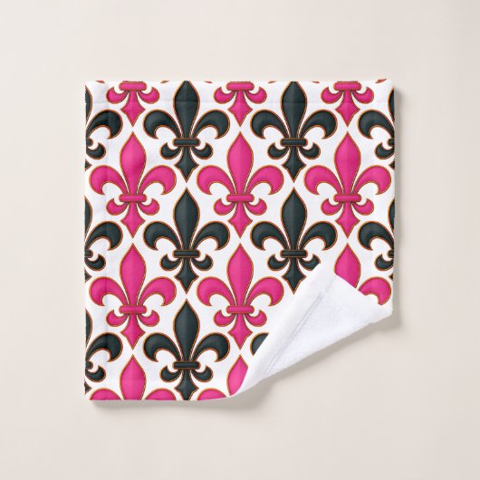 Pink Black Baroque Fleur-de-lis Pattern Design  バスタオルセット (ウォッシュタオル)