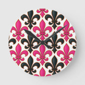 Pink Black Baroque Fleur-de-lis Pattern Design  ラウンド壁時計 (正面)