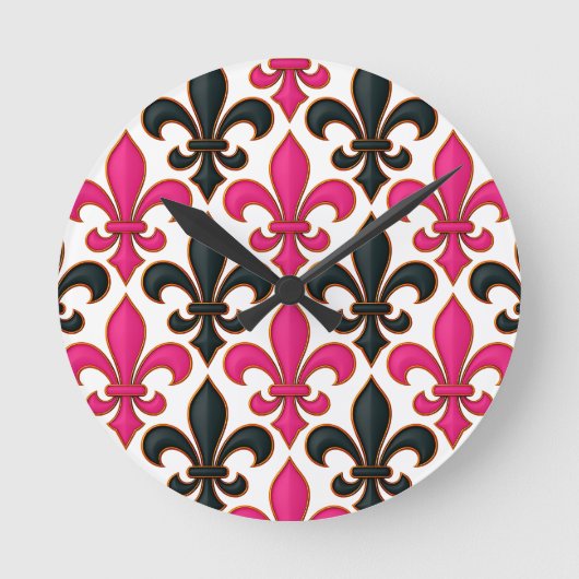 Pink Black Baroque Fleur-de-lis Pattern Design  ラウンド壁時計 (正面)