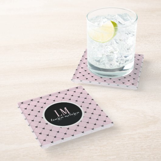 Pink & Black Bow Monogram ガラスコースター (アングル)