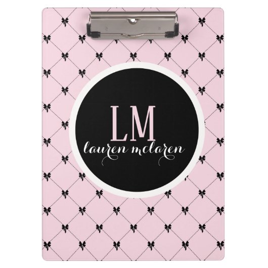 Pink & Black Bow Monogram Notebook クリップボード (正面)