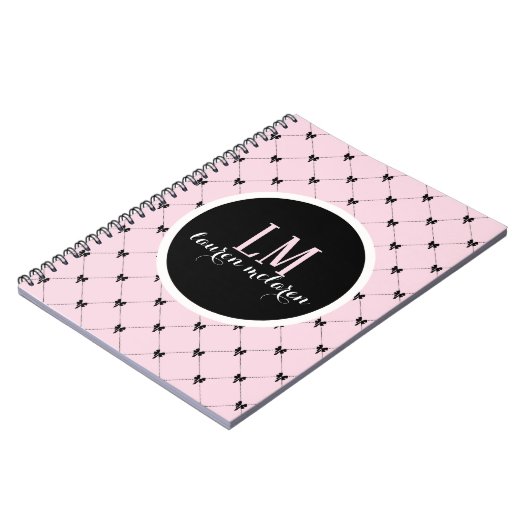 Pink & Black Bow Monogram Notebook ノートブック (左側)