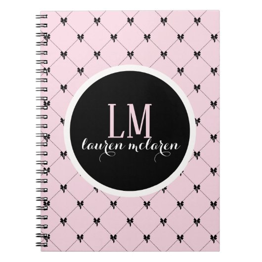 Pink & Black Bow Monogram Notebook ノートブック (正面)