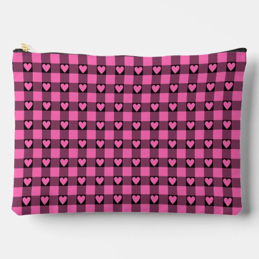 Pink Black Buffalo Heart Plaid アクセサリーポーチ (正面)
