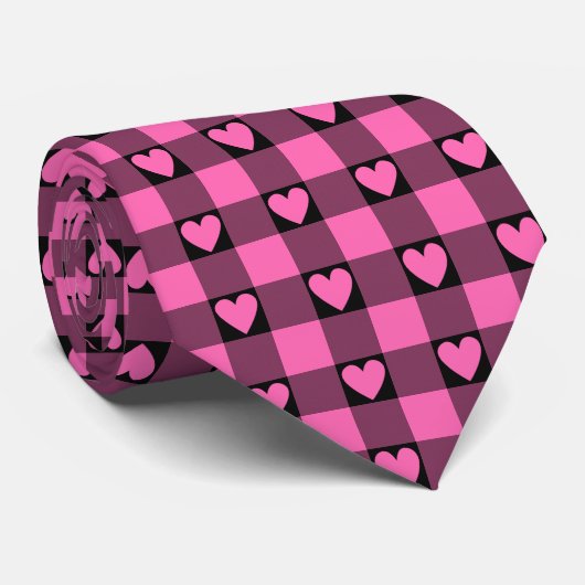 Pink Black Buffalo Heart Plaid Neck Tie ネクタイ (ロール)