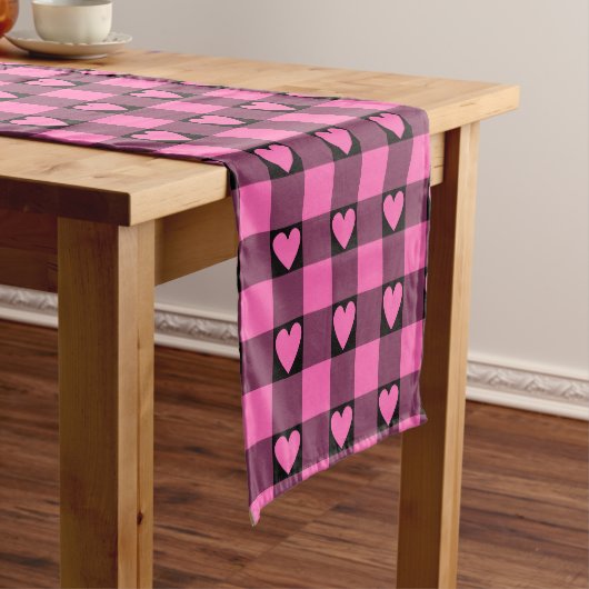 Pink Black Buffalo Heart Plaid Table Runner ショートテーブルランナー (インサイチュ)